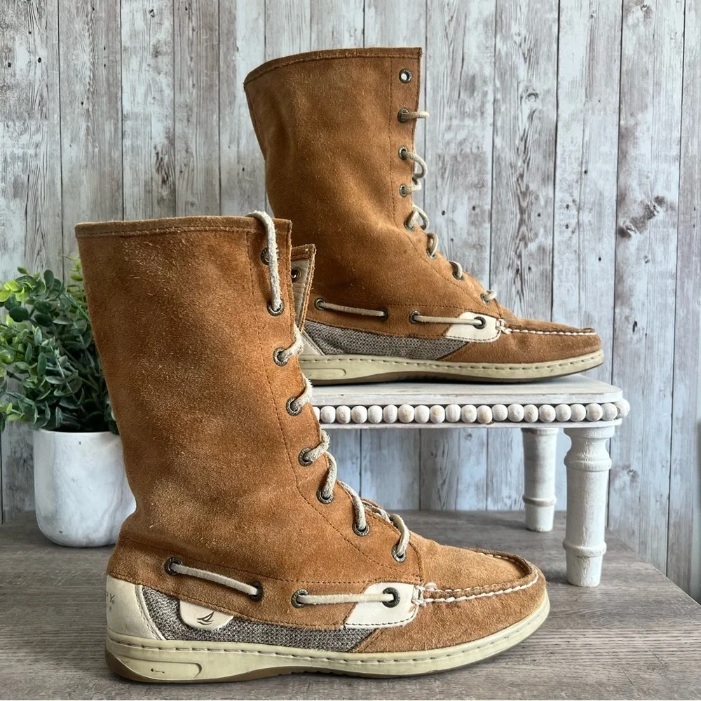 Sperry Ladyfish Fold Over Tan Suede Winter Boots Womens 8